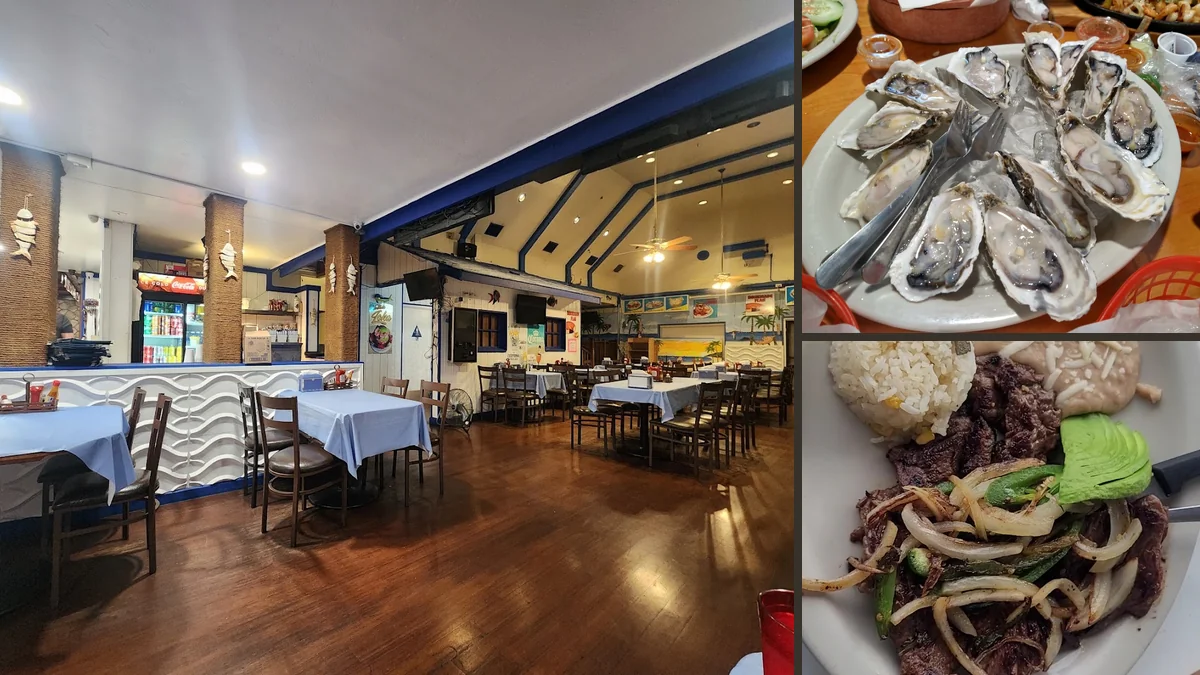 Shared tables in a casual seafood spot.