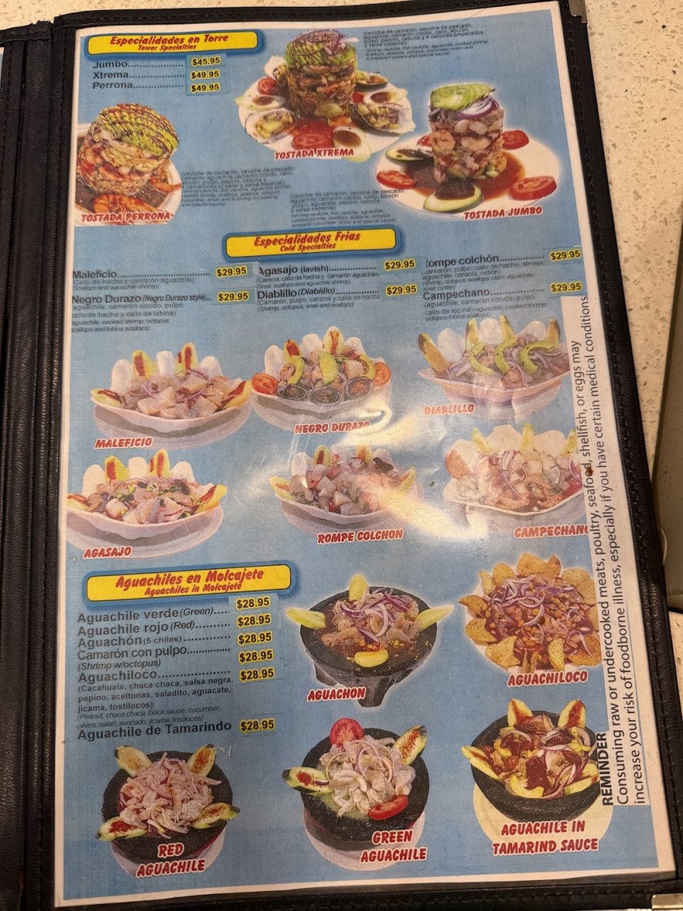 Close-up of seafood categories and dish names.