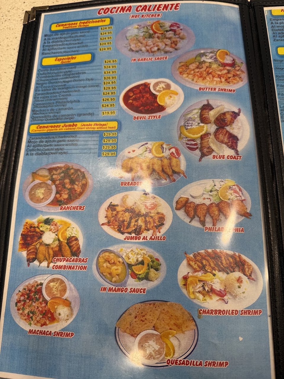 Printed seafood menu with shellfish sections.